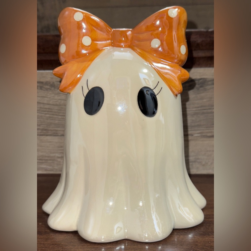 🥰 Viral Iridescent Ceramic Ghost 👻 With Orange & White Polka Dot Bow Halloween